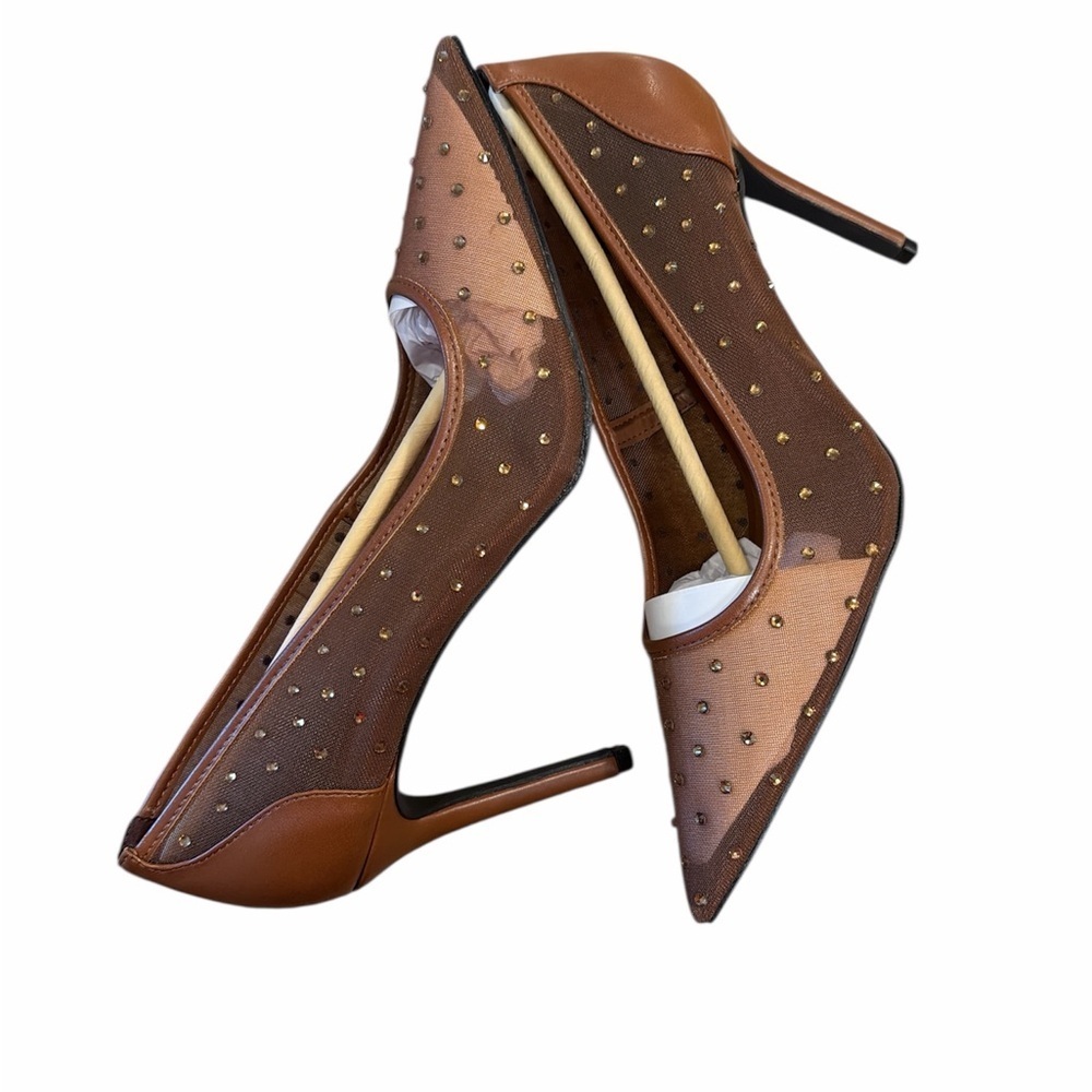 Anne Michelle Mesh Heels Size 10 Brown Studded Detail Pointed Toe Slip On NEW - Picture 5 of 12